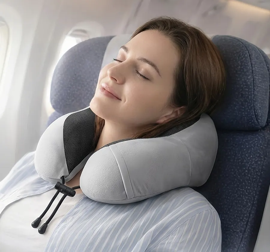 Traveler asleep in an airplane seat wearing the Purroch U-shape pillow with its front cord