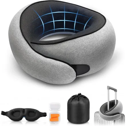 Purroch G-shape travel pillow set with eye mask, earplugs and drawstring bag